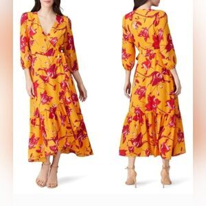 Color Me Courtney Eleanor Wrap yellow maxi belted Dress Floral Long Sleeves M